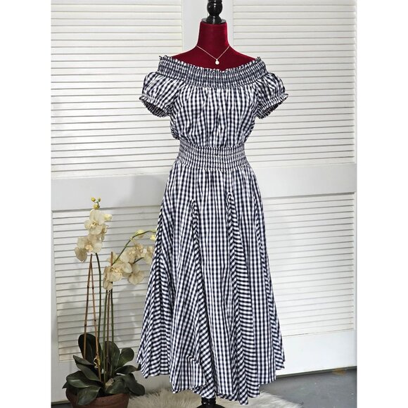 Chelsea & Theodore Women's Blue & White Gingham Off-Shoulder Dress Size M 088 - Picture 2 of 11